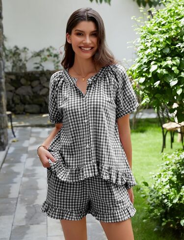 Flygo Womens Gingham Pajamas مجموعة 2 قطعة من القطن PJ صالة مجموعات نفخة الأكمام الكشكش قميص القميص in Saudi Arabia