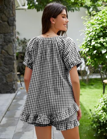 Flygo Womens Gingham Pajamas مجموعة 2 قطعة من القطن PJ صالة مجموعات نفخة الأكمام الكشكش قميص القميص in Saudi Arabia