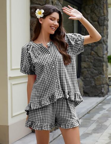 Flygo Womens Gingham Pajamas مجموعة 2 قطعة من القطن PJ صالة مجموعات نفخة الأكمام الكشكش قميص القميص in Saudi Arabia