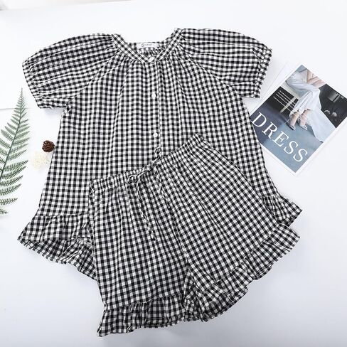 Flygo Womens Gingham Pajamas مجموعة 2 قطعة من القطن PJ صالة مجموعات نفخة الأكمام الكشكش قميص القميص in Saudi Arabia