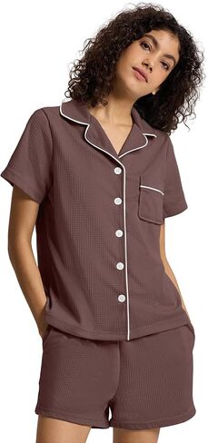 Sioro Button Down Pajamas مجموعة للنساء بأكمام قصيرة من ملابس النوم خفيفة الوزن وافل شورت صالة ملاءات ليلية in Kuwait