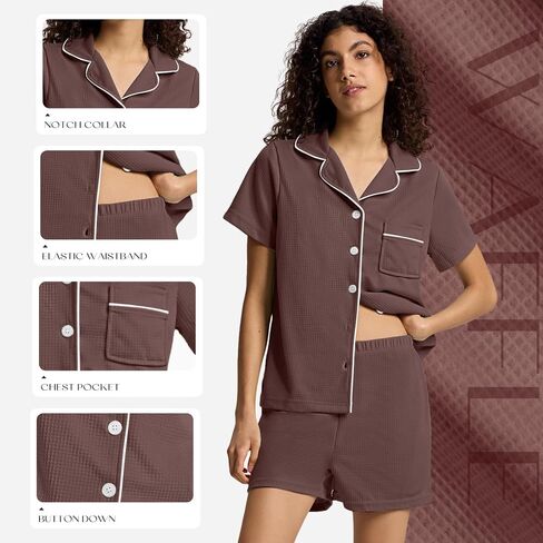 Sioro Button Down Pajamas مجموعة للنساء بأكمام قصيرة من ملابس النوم خفيفة الوزن وافل شورت صالة ملاءات ليلية in Kuwait