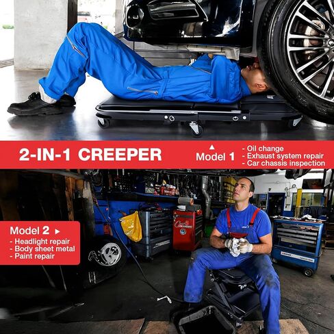 Mechanic Creeper 40inches 2-in-1 Z مقعد 480 رطلاً ، كرسي مرآب قابل للطي قابل للتعديل مع طي العجلات 6pcs ، وضع الجلوس أسفل الظهر ، تحت إصلاح السيارات ، الأحمر ، الأحمر. in Kuwait