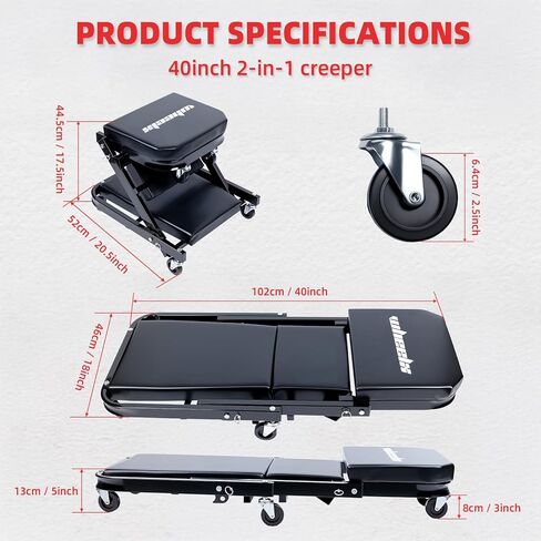 Mechanic Creeper 40inches 2-in-1 Z مقعد 480 رطلاً ، كرسي مرآب قابل للطي قابل للتعديل مع طي العجلات 6pcs ، وضع الجلوس أسفل الظهر ، تحت إصلاح السيارات ، الأحمر ، الأحمر. in Kuwait