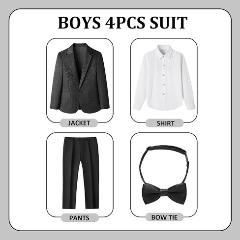 Lamgool Tuxedo Suits for Boys Floral Jacquard Kids Formal Outfit 4-Piece Set with Blazer Shirt Pants Bow tie Prom Wedding in Saudi Arabia