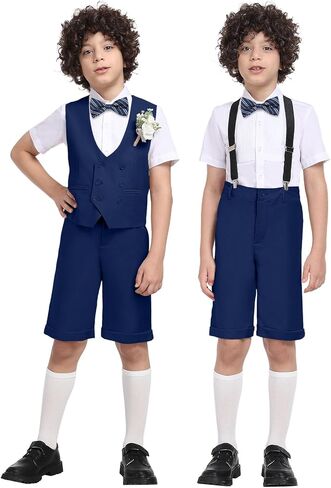 الأولاد بدلة أطفال قصيرة بدلة توكسيدو 6 أجهزة كمبيوتر ملابس ملابس قصيرة الأكمام خاتم الزفاف الدب سترة سترة قميص مع ربطة عنق in Kuwait