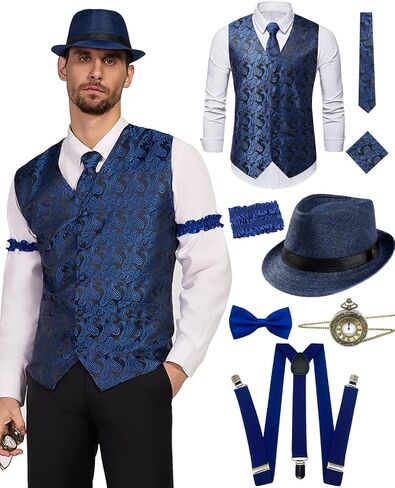 kasahara 1920s Mens Costume Roaring 20s Outfit for Men Gangster Costume Accessories Dress Shirt Vest Fedora Hat 1920s Outfit in Saudi Arabia