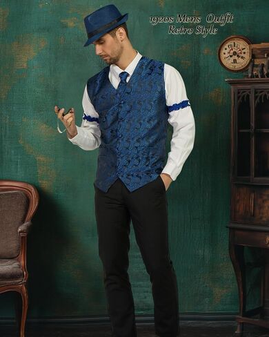 kasahara 1920s Mens Costume Roaring 20s Outfit for Men Gangster Costume Accessories Dress Shirt Vest Fedora Hat 1920s Outfit in Saudi Arabia