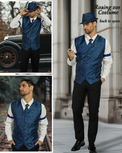 kasahara 1920s Mens Costume Roaring 20s Outfit for Men Gangster Costume Accessories Dress Shirt Vest Fedora Hat 1920s Outfit in Saudi Arabia