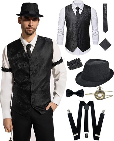 kasahara 1920s Mens Costume Roaring 20s Outfit for Men Gangster Costume Accessories Dress Shirt Vest Fedora Hat 1920s Outfit in Saudi Arabia