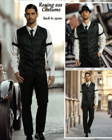 kasahara 1920s Mens Costume Roaring 20s Outfit for Men Gangster Costume Accessories Dress Shirt Vest Fedora Hat 1920s Outfit in Saudi Arabia