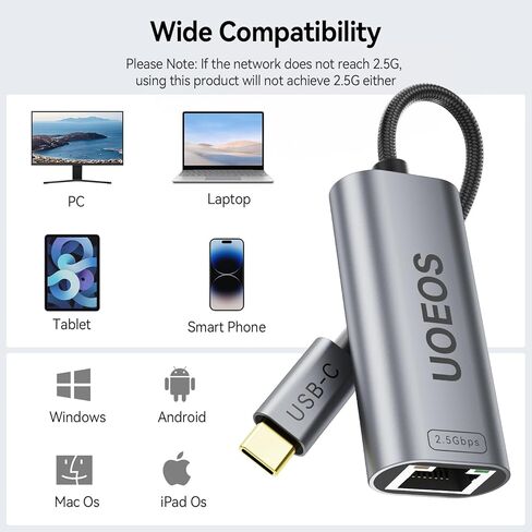 محول USB C إلى إيثرنت 2.5 جيجابت في الثانية، محول شبكة USB C إلى RJ45 (متوافق مع Thunderbolt 4/3)، ألومنيوم USB-C إلى 2.5 جيجابت LAN Ethernet متوافق مع iPhone 15 Pro/max، XPS، سطح رمادي in Kuwait