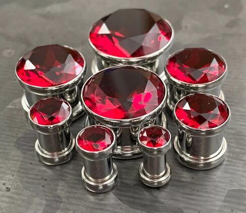 PAIR of Stunning Large CZ Red Gem Screw Fit Tunnels - Plugs - Gauges - Body Jewelry in Saudi Arabia