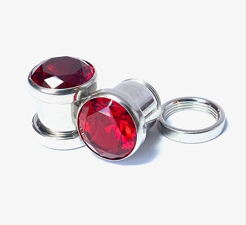 PAIR of Stunning Large CZ Red Gem Screw Fit Tunnels - Plugs - Gauges - Body Jewelry in Saudi Arabia