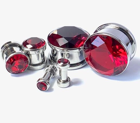 PAIR of Stunning Large CZ Red Gem Screw Fit Tunnels - Plugs - Gauges - Body Jewelry in Saudi Arabia