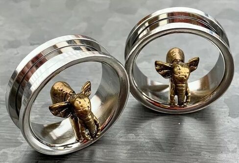 PAIR of Stunning Gold Elephant Screw Fit Tunnels - Gauges - Plugs - Body Jewelry in Saudi Arabia
