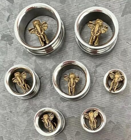 PAIR of Stunning Gold Elephant Screw Fit Tunnels - Gauges - Plugs - Body Jewelry in Saudi Arabia