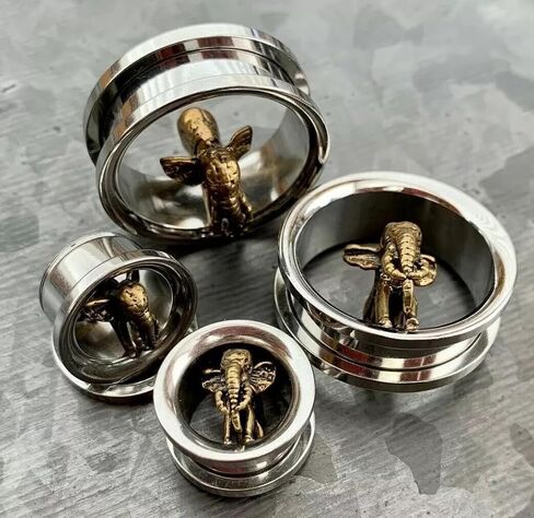 PAIR of Stunning Gold Elephant Screw Fit Tunnels - Gauges - Plugs - Body Jewelry in Saudi Arabia