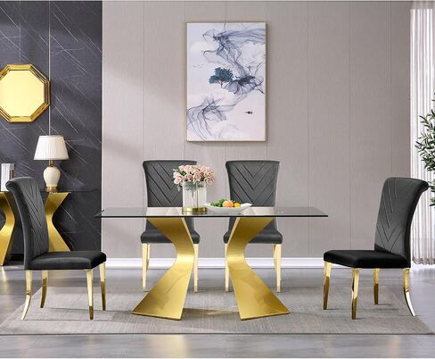 AUZ 5 Piece Gold Dining Room Set, Modern Glass Dining Room Table with 4 Black Velvet Upholstered Dining Chair in High Rolled Back and Gold Stainless Steel Metal Legs in Saudi Arabia
