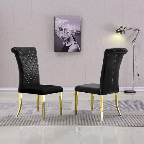 AUZ 5 Piece Gold Dining Room Set, Modern Glass Dining Room Table with 4 Black Velvet Upholstered Dining Chair in High Rolled Back and Gold Stainless Steel Metal Legs in Saudi Arabia