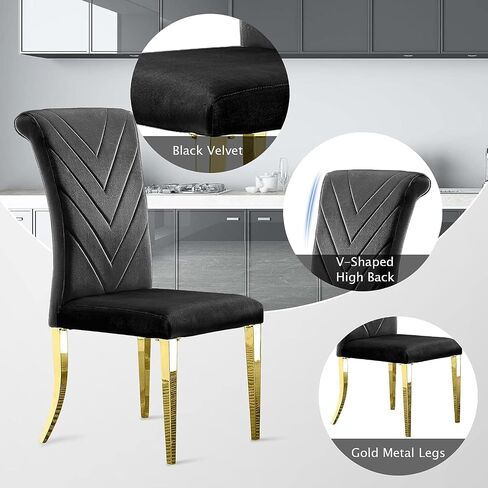 AUZ 5 Piece Gold Dining Room Set, Modern Glass Dining Room Table with 4 Black Velvet Upholstered Dining Chair in High Rolled Back and Gold Stainless Steel Metal Legs in Saudi Arabia
