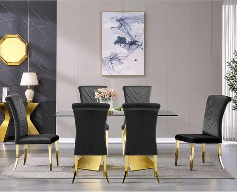 AUZ 5 Piece Gold Dining Room Set, Modern Glass Dining Room Table with 4 Black Velvet Upholstered Dining Chair in High Rolled Back and Gold Stainless Steel Metal Legs in Saudi Arabia
