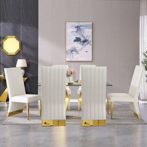AUZ 5 Piece Gold Dining Room Set, Modern Glass Dining Room Table with 4 Black Velvet Upholstered Dining Chair in High Rolled Back and Gold Stainless Steel Metal Legs in Saudi Arabia
