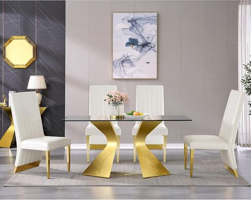 AUZ 5 Piece Gold Dining Room Set, Modern Glass Dining Room Table with 4 Black Velvet Upholstered Dining Chair in High Rolled Back and Gold Stainless Steel Metal Legs in Saudi Arabia