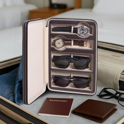 Bey-Berk Custom Personalized Genuine Leather two watches and sunglasses/eyeglasses travel case with form fitting compartments in Saudi Arabia