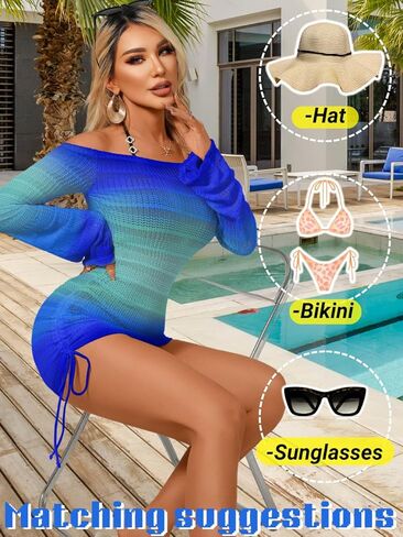 Kaei & Shi Sexy Crochet Coverups للنساء ، قبالة فساتين الشاطئ طويلة الأكمام ، بدلة الاستحمام تستر على ملابس العطلة in Saudi Arabia