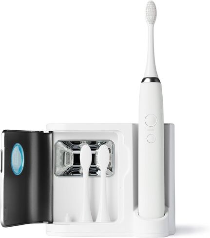 فرشاة أسنان كهربائية بالموجات فوق الصوتية من فانيتي بلانيت إيليمنتس - فضي - عناية متقدمة بالفم مع قاعدة شاحن للتعقيم بالأشعة فوق البنفسجية مع 3 رؤوس بديلة - فعالة بنسبة 99.9% في الحفاظ على نظافة أسنانك in Kuwait