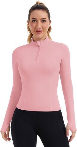 Zhenwei Womens Prockit Tops Long Sleeve Quarter Zip Pullover Quick Dry Grid Shirt Athletic Slim Fit Tops Gym Gym Tops in Kuwait