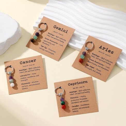 Zodiac Gifts for Women, Crystal Zodiac Keychain Natural Gemstone Beads Keychain Spiritual Astrology Birthday Gifts in Saudi Arabia