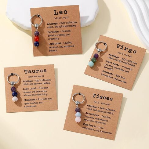 Zodiac Gifts for Women, Crystal Zodiac Keychain Natural Gemstone Beads Keychain Spiritual Astrology Birthday Gifts in Saudi Arabia