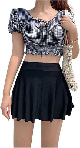 YJKJHAIG Cute Puff Sleeve Contrast Color Two Piece Swimsuit Plaid Swimwear Push Up Monokini Bathing Suit Korea Style (Color : 1, Size : Large) in Saudi Arabia