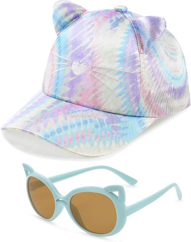 Girls Baseball Cap Kids Sunglasses Set,Adjustable Girls Hat Sequin Cat Ear Hat Cute Toddler Hat for Girls Ages 3-10Y(Pink) in Saudi Arabia