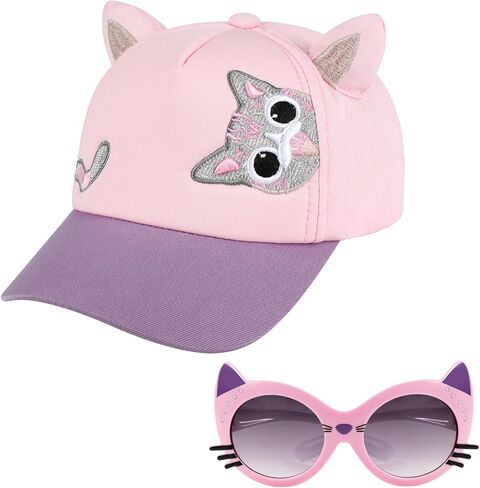 Girls Baseball Cap Kids Sunglasses Set,Adjustable Girls Hat Sequin Cat Ear Hat Cute Toddler Hat for Girls Ages 3-10Y(Pink) in Saudi Arabia