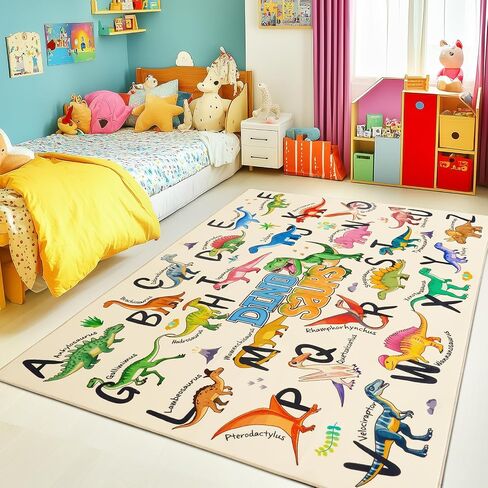Kids Rugs for Playroom, 3x4 Feet Educational Rug for Learn The ABC Alphabet, Soft Machine Washable Non-Slip Cute Dinosaur Carpet for Classroom Toddler Nursery Kids Room Decor Mat, Beige in Saudi Arabia