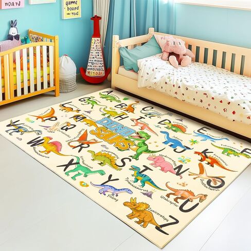 Kids Rugs for Playroom, 3x4 Feet Educational Rug for Learn The ABC Alphabet, Soft Machine Washable Non-Slip Cute Dinosaur Carpet for Classroom Toddler Nursery Kids Room Decor Mat, Beige in Saudi Arabia