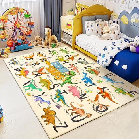 Kids Rugs for Playroom, 3x4 Feet Educational Rug for Learn The ABC Alphabet, Soft Machine Washable Non-Slip Cute Dinosaur Carpet for Classroom Toddler Nursery Kids Room Decor Mat, Beige in Saudi Arabia