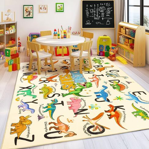 Kids Rugs for Playroom, 3x4 Feet Educational Rug for Learn The ABC Alphabet, Soft Machine Washable Non-Slip Cute Dinosaur Carpet for Classroom Toddler Nursery Kids Room Decor Mat, Beige in Saudi Arabia