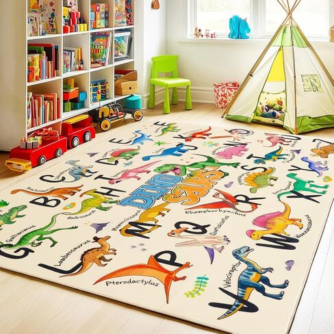 Kids Rugs for Playroom, 3x4 Feet Educational Rug for Learn The ABC Alphabet, Soft Machine Washable Non-Slip Cute Dinosaur Carpet for Classroom Toddler Nursery Kids Room Decor Mat, Beige in Saudi Arabia
