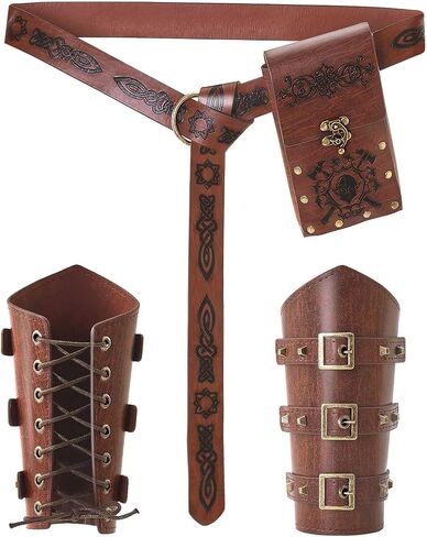 4PCS Viking Medieval Bracers & Belt Pouch Set, Leather Arm Guards and Coin Bag, Renaissance Fair Halloween Cosplay Accessories (Men Women) in Saudi Arabia
