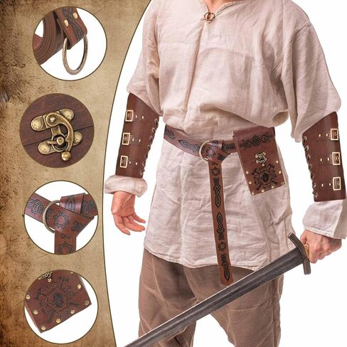 4PCS Viking Medieval Bracers & Belt Pouch Set, Leather Arm Guards and Coin Bag, Renaissance Fair Halloween Cosplay Accessories (Men Women) in Saudi Arabia