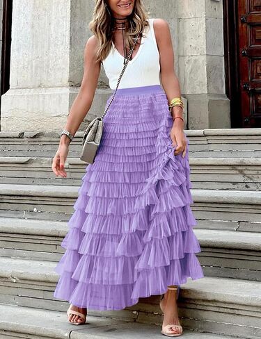Gihuo Women's Long Maxi Tulle Skirts A Line High Waisted Tiered Layered Midi Skirt Mesh Ruffle Tutu Petticoat in Kuwait
