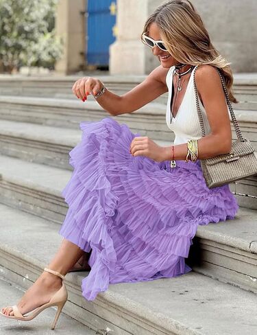 Gihuo Women's Long Maxi Tulle Skirts A Line High Waisted Tiered Layered Midi Skirt Mesh Ruffle Tutu Petticoat in Kuwait