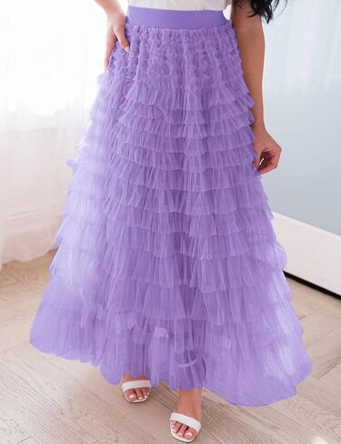 Gihuo Women's Long Maxi Tulle Skirts A Line High Waisted Tiered Layered Midi Skirt Mesh Ruffle Tutu Petticoat in Kuwait
