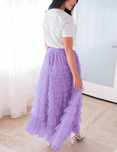 Gihuo Women's Long Maxi Tulle Skirts A Line High Waisted Tiered Layered Midi Skirt Mesh Ruffle Tutu Petticoat in Kuwait