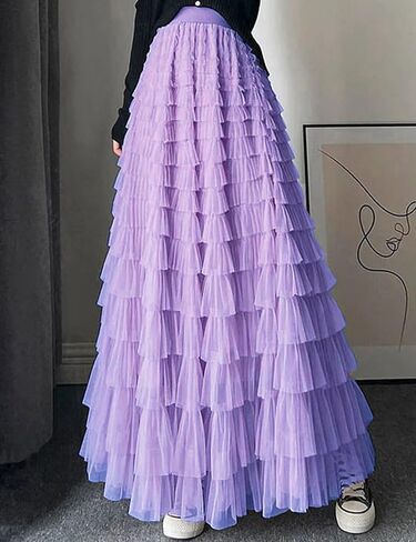 Gihuo Women's Long Maxi Tulle Skirts A Line High Waisted Tiered Layered Midi Skirt Mesh Ruffle Tutu Petticoat in Kuwait
