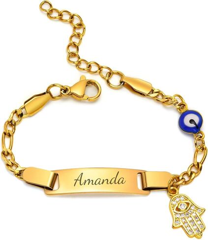 MEALGUET Personalized Child ID Bracelet : 18K Gold Plated Stainless Steel Custom Name ID Plate Bar Bracelet for Children Toddler from Mom, Engraved Kid Name for Daughter Son,Customized Birthday Gift in Kuwait